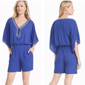 White House Black Market Periwinkle Blue Embroidered Kimono Sleeve Romper